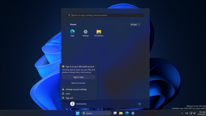 Windows Server 2025 testa alertas de login de conta da Microsoft no menu Iniciar